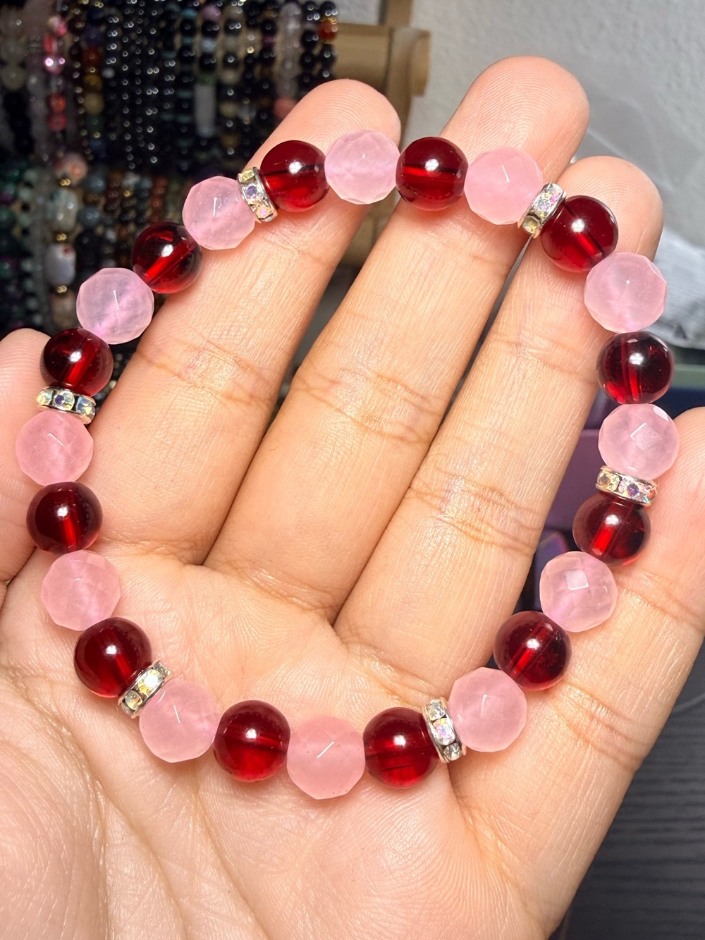 Cherry Quartz & Rose Quartz Rhinestone Stretch Bracelet